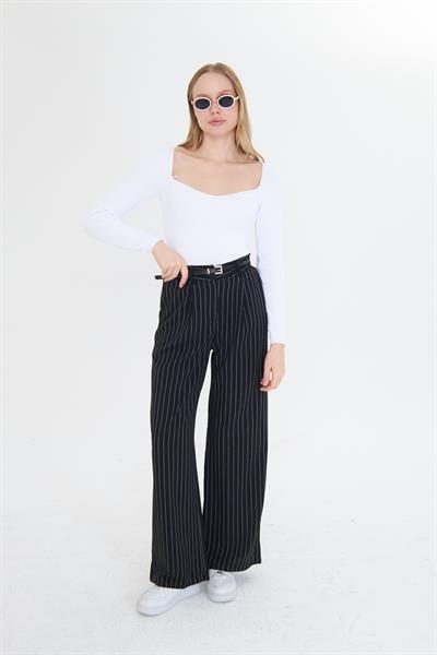 Kemerli Çizgili Poliviskon Pantolon 