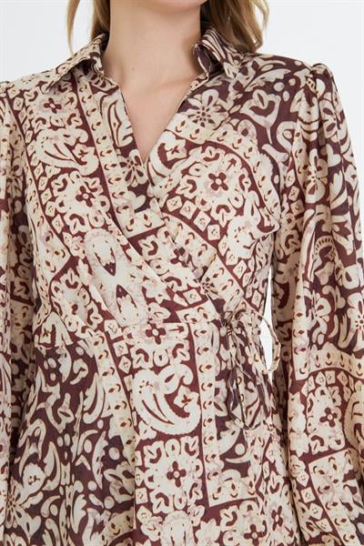 Kol Ağzı Lastikli Baskılı Saten Elbise