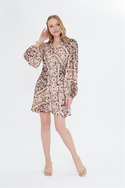 Kol Ağzı Lastikli Baskılı Saten Elbise