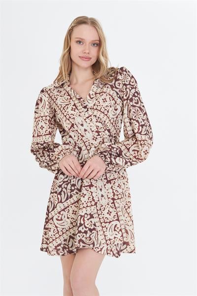 Kol Ağzı Lastikli Baskılı Saten Elbise