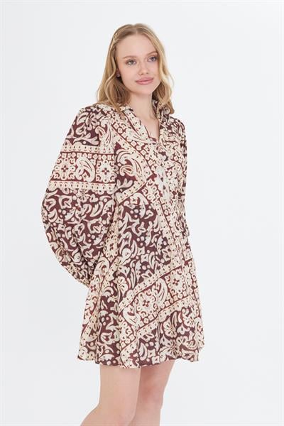Kol Ağzı Lastikli Baskılı Saten Elbise