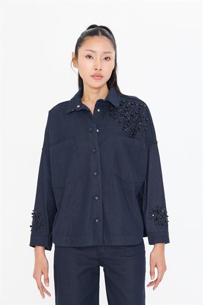 Kolları ve Önü Taşlı Denim Gömlek