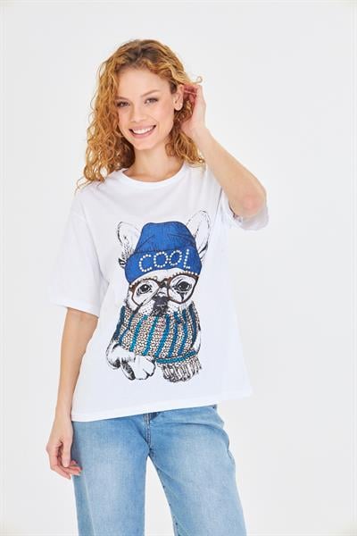  Baskılı Taşlı T-Shirt