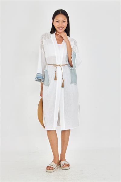 Kot Garnili Brodeli Keten Görünümlü Kimono 