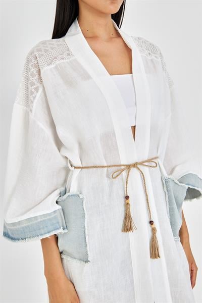 Kot Garnili Brodeli Keten Görünümlü Kimono 