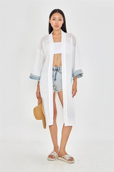 Kot Garnili Brodeli Keten Görünümlü Kimono 
