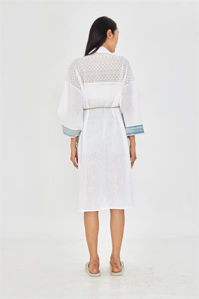 Kot Garnili Brodeli Keten Görünümlü Kimono 