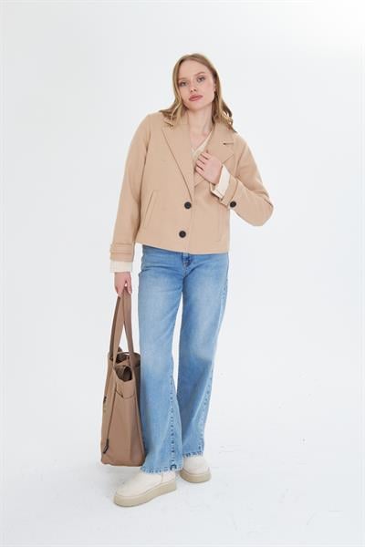 Kruvaze Yaka Kaşe Ceket 