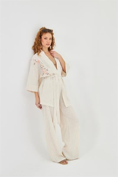 Kuş Nakışlı Keten Görünümlü Kimono 