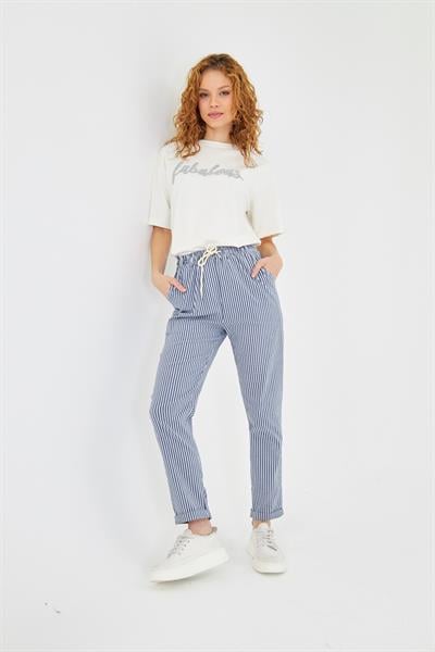 Lastikli Çizgili Chino Pantolon