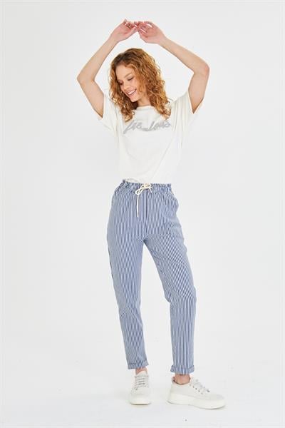 Lastikli Çizgili Chino Pantolon