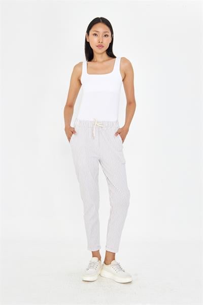 Lastikli Çizgili Chino Pantolon