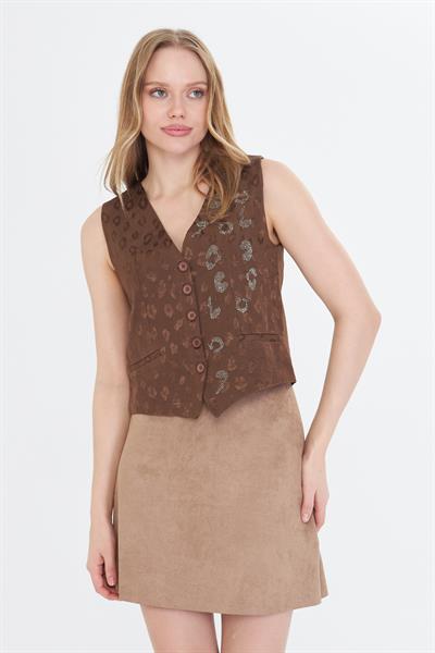 Leopar Desen Taşlı Yelek 