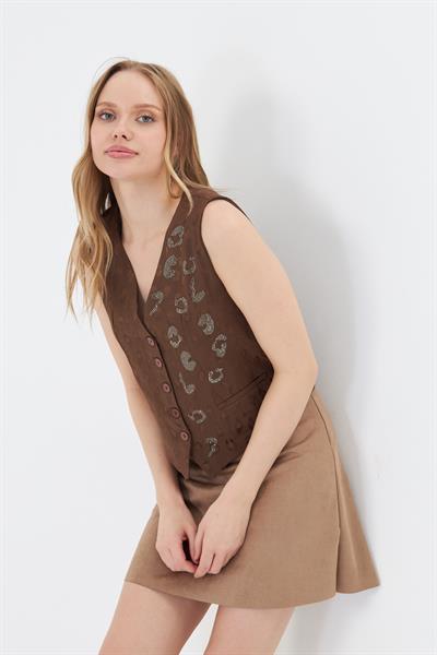 Leopar Desen Taşlı Yelek 