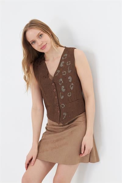 Leopar Desen Taşlı Yelek 