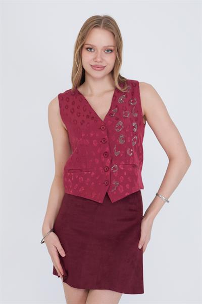 Leopar Desen Taşlı Yelek 