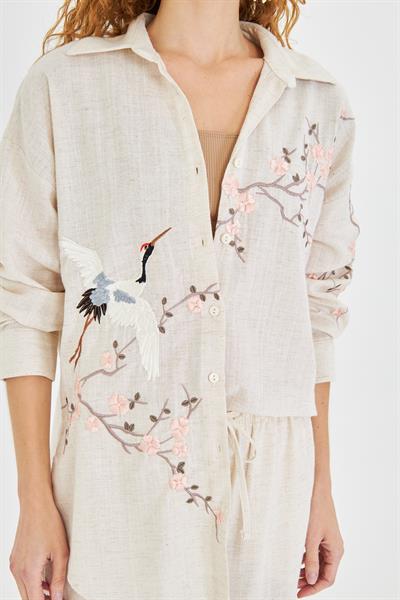 Leylek Nakışlı Keten Görünümlü Gömlek 