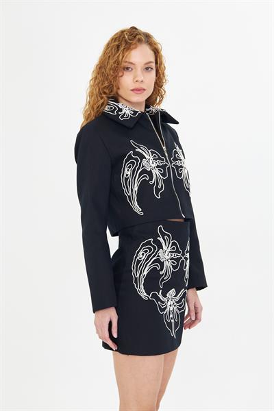 Nakışlı Fermuarlı Gabardin Ceket 