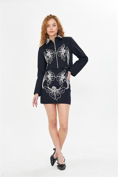 Nakışlı Fermuarlı Gabardin Ceket 