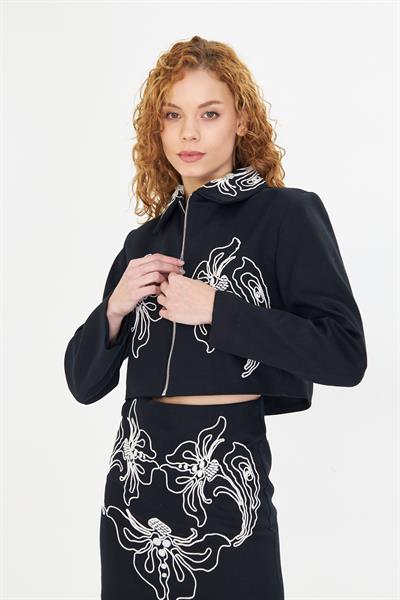 Nakışlı Fermuarlı Gabardin Ceket 