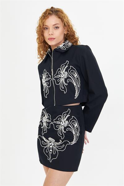 Nakışlı Fermuarlı Gabardin Ceket 