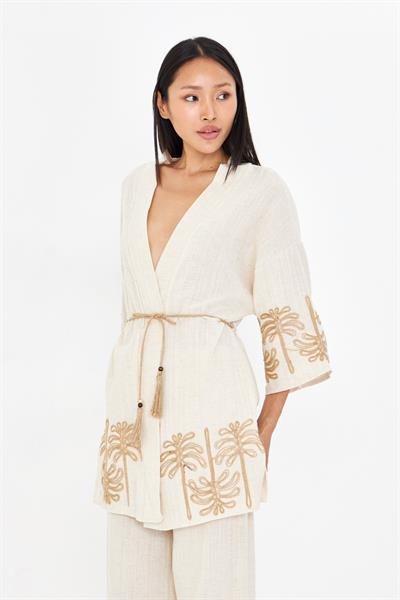 Nakışlı Hasır Kemerli Keten Görünümlü Kimono