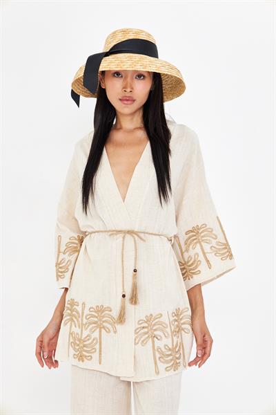 Nakışlı Hasır Kemerli Keten Görünümlü Kimono