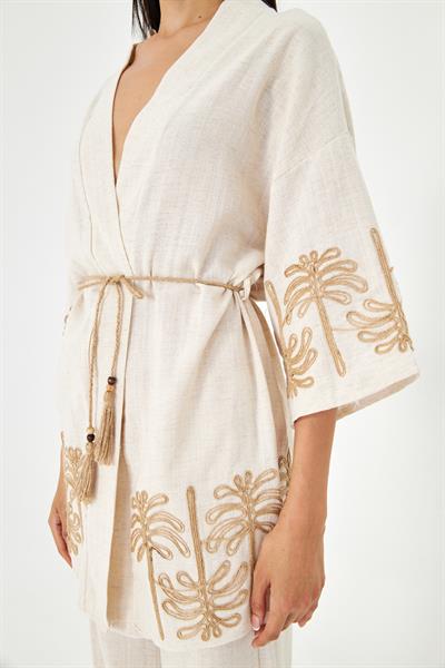 Nakışlı Hasır Kemerli Keten Görünümlü Kimono