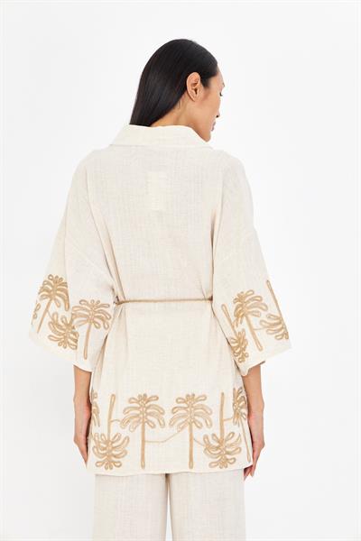 Nakışlı Hasır Kemerli Keten Görünümlü Kimono