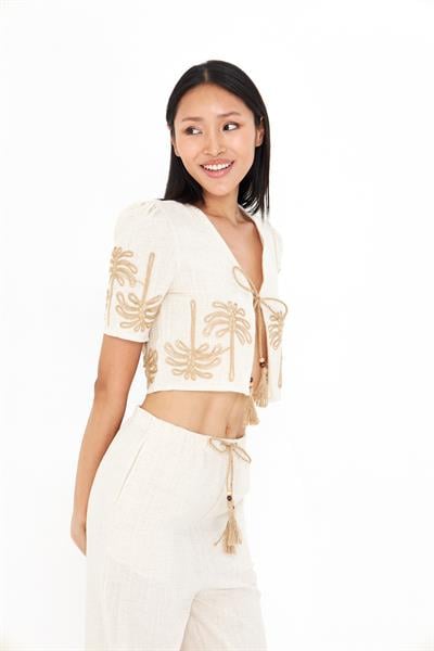 Nakışlı Hasır Kemerli Kısa Gömlek