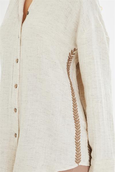 Nakışlı Keten Görünümlü Müslin Gömlek 
