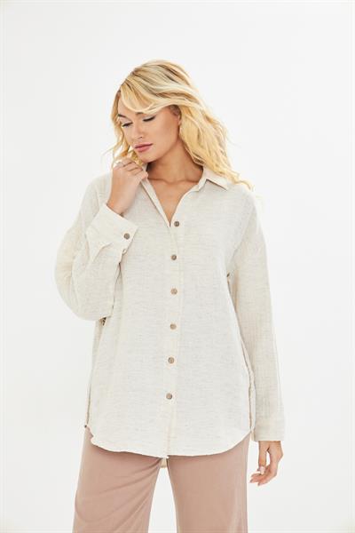 Nakışlı Keten Görünümlü Müslin Gömlek 