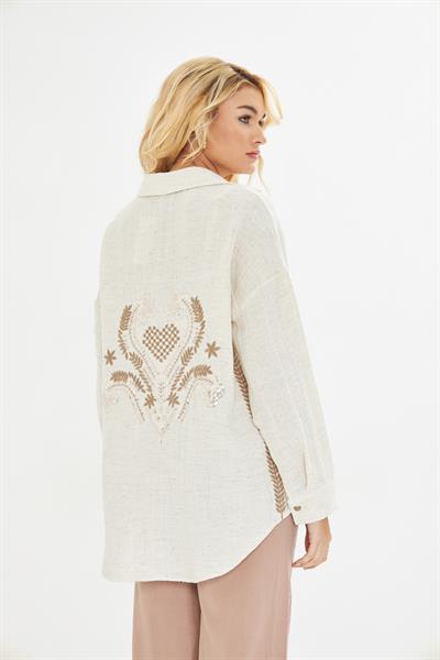 Nakışlı Keten Görünümlü Müslin Gömlek 