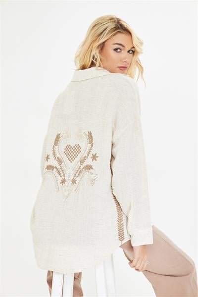 Nakışlı Keten Görünümlü Müslin Gömlek 