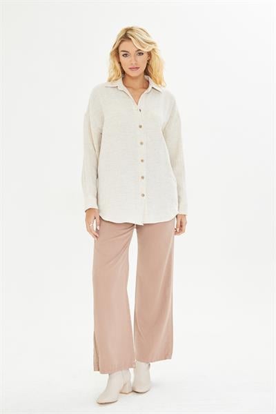 Nakışlı Keten Görünümlü Müslin Gömlek 