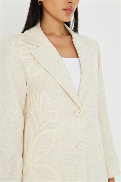 Nakışlı Kruvaze Yaka Keten Görünümlü Ceket 