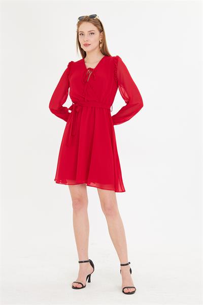 Omuzları Fırfırlı Şifon Elbise 