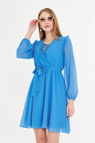 Omuzları Fırfırlı Şifon Elbise 