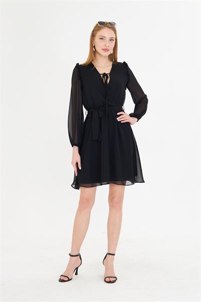 Omuzları Fırfırlı Şifon Elbise