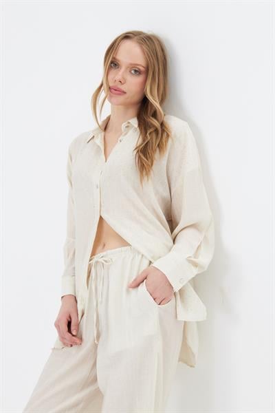 Önü Taşlı Çizgili Rayon Gömlek 