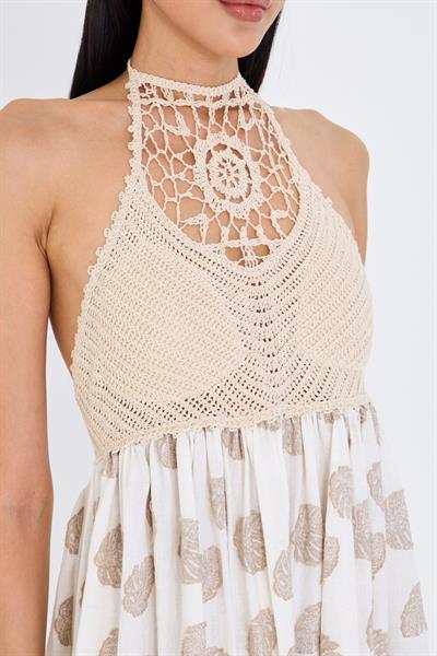 Örgü Detaylı Keten Görünümlü Sırt Dekolteli Elbise