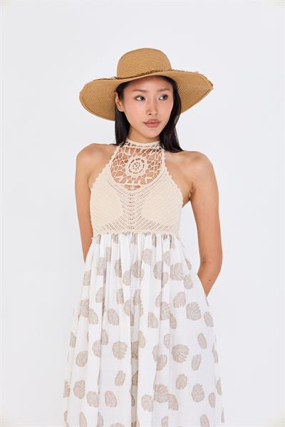 Örgü Detaylı Keten Görünümlü Sırt Dekolteli Elbise