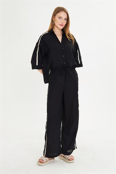 Örme Aksesuar Detaylı Keten Görünümlü Pantolon 