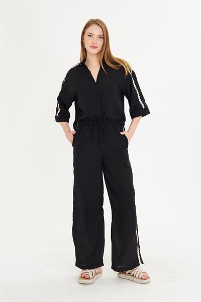 Örme Aksesuar Detaylı Keten Görünümlü Pantolon 