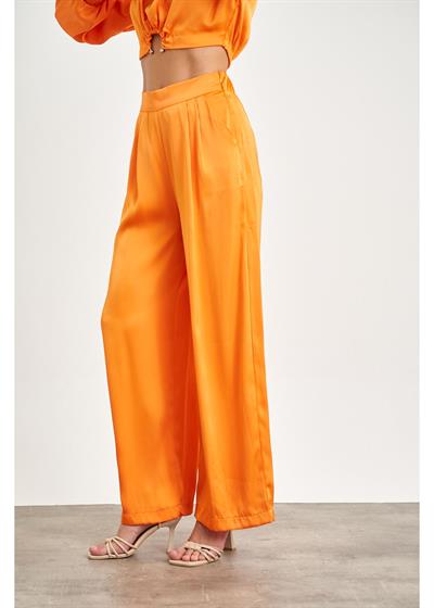 Pile Detaylı Saten Pantolon 