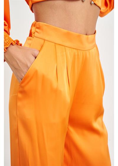 Pile Detaylı Saten Pantolon 