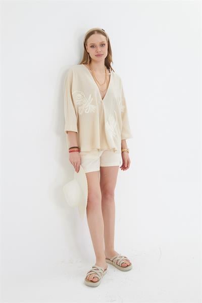 Pul Payet Süzene Nakışlı Keten Görünümlü Kimono 