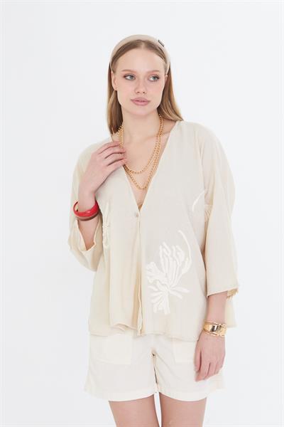 Pul Payet Süzene Nakışlı Keten Görünümlü Kimono 