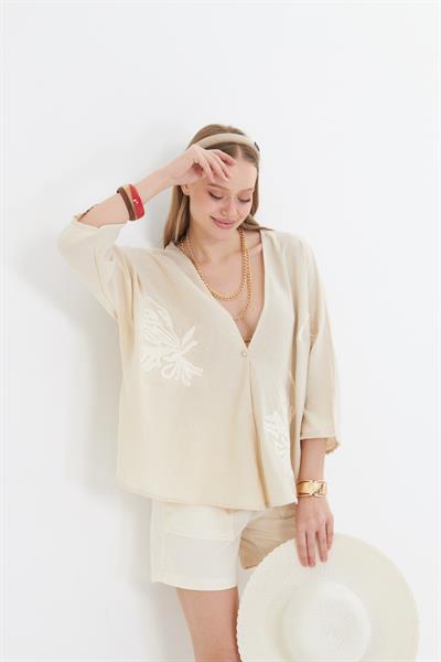 Pul Payet Süzene Nakışlı Keten Görünümlü Kimono 