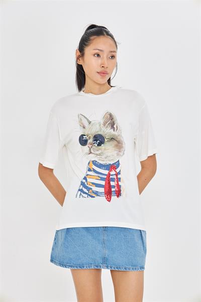 Pullu Gözlüklü Kedi Baskılı T-Shirt